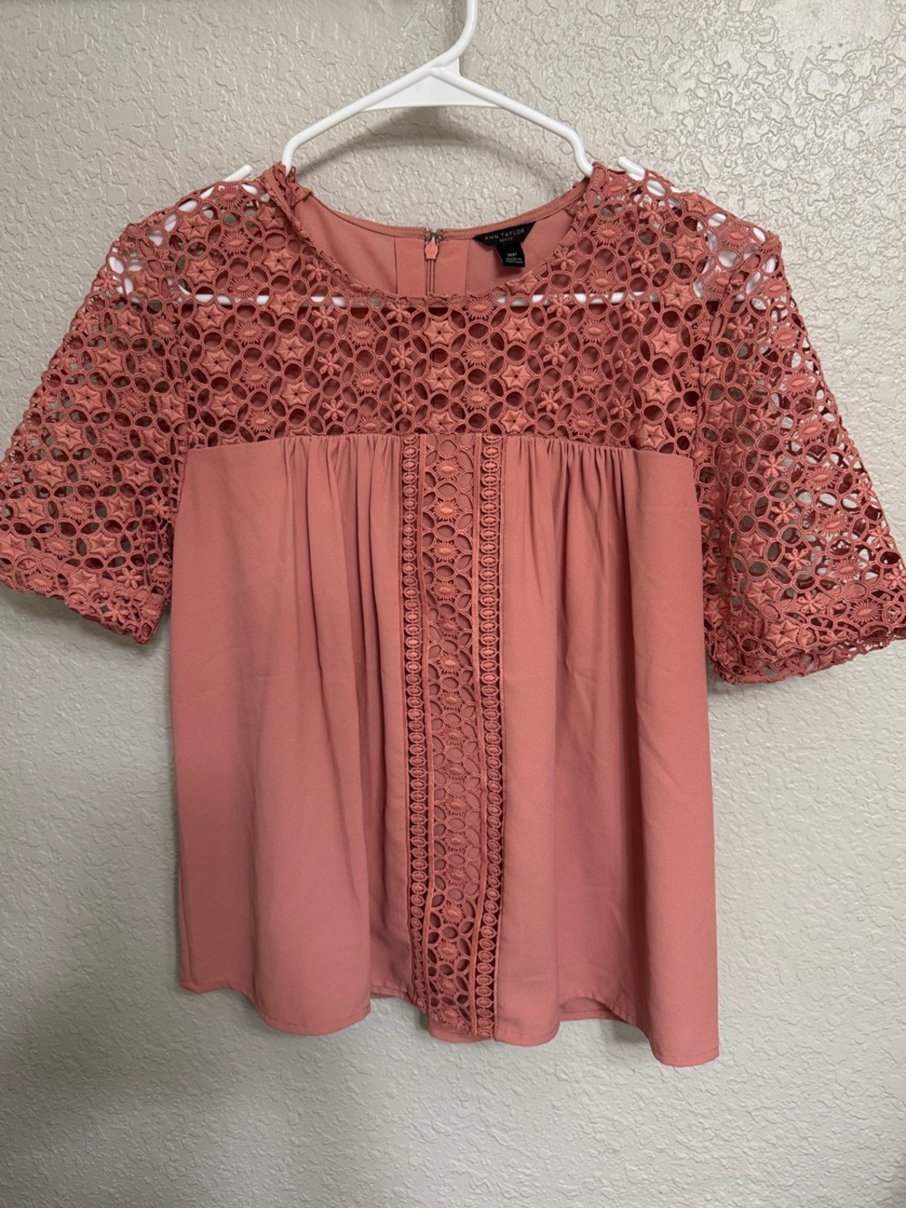 Ann Taylor Crochet Yoke Short Sleeve Blouse - Rose
